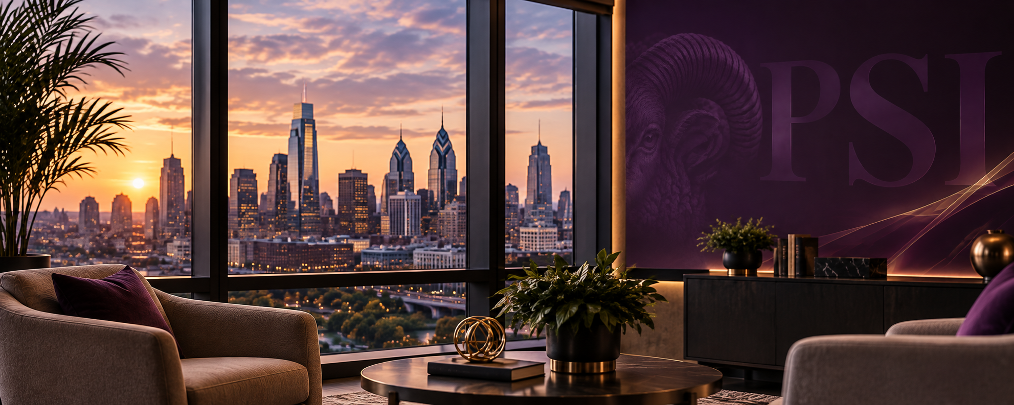 Purple Sheep Institute executive lounge overlooking the Philadelphia skyline at sunset with subtle PSI and ram branding.